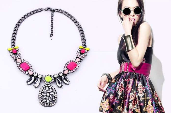 Pink And Yellow Neon Crystal Statement Necklace